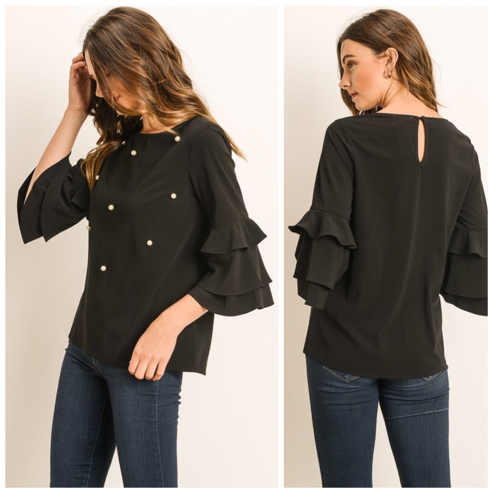 ❤️LAST 1! Pearl Detail 3/4 Sleeve Ruffle Top - Picture 2 of 5